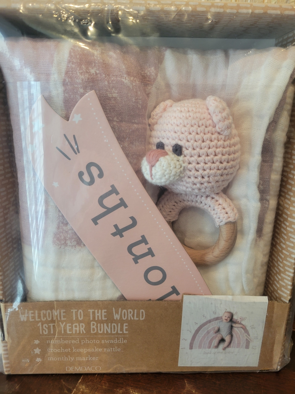 NWT Demdaco Pink Crochet Bear Rattle with Soft Pink Swaddle Look At Me Grow